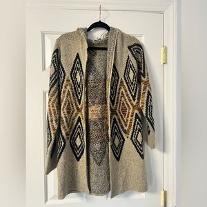 Geometric Patterned Beige Hooded Cardigan